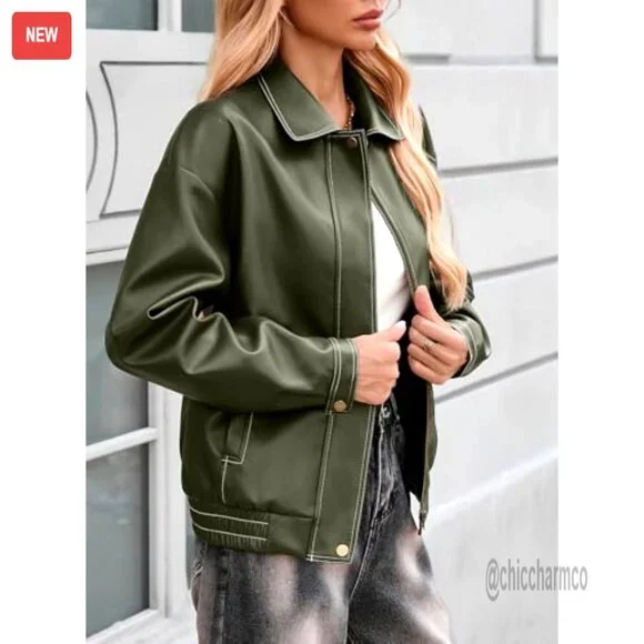 Faux Leather Bomber Jacket Oversized Fit Zip Up Women's Fall Winter Coat